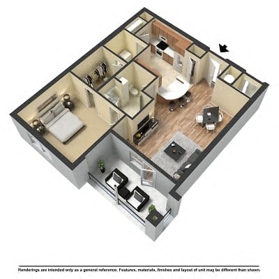 Floor plan for 1 bed, 1 bath, 944 sqft